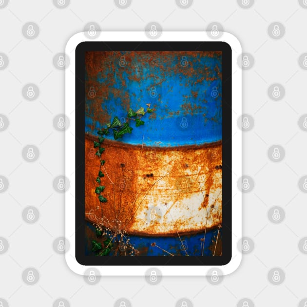 Ivy Against Blue and White Rusted Oil Drum Magnet by jojobob