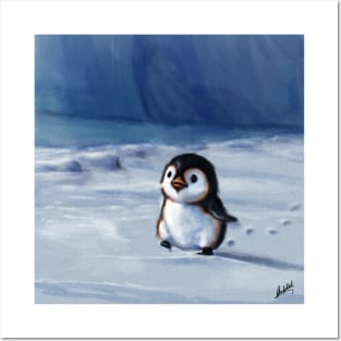 A cartoon illustration of a cute baby penguin with one wing open