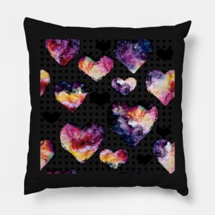 Watercolor Galaxy and Hearts on Polka Dot Background Pillow