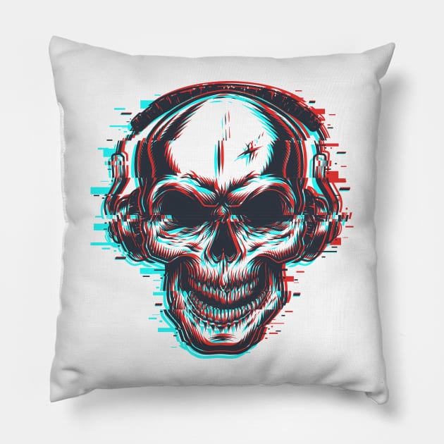 Glitch Skull with Headphones Pillow by Animox