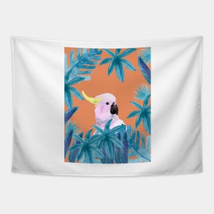 Cockatoo with tropical leaves in watercolor and a coral background Tapestry