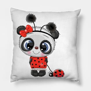 Cute panda girl with a ladybug on a leash Pillow