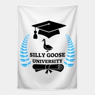 Silly Goose University - Standing Goose Black Design With Blue Details Tapestry