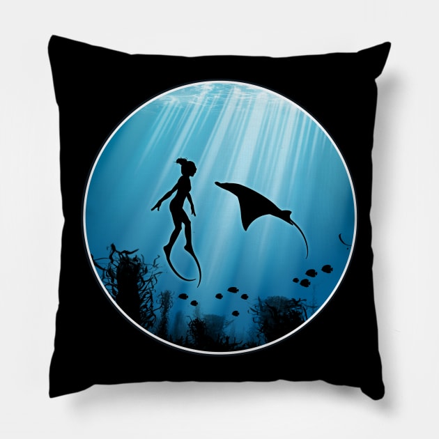 Freediver and Manta Ray Pillow by NicGrayTees