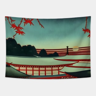 Japanese traditional architecture ukiyo e art Tapestry