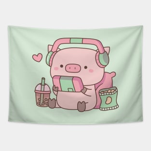 Cute Pig Gamer With Headphones and Snacks Tapestry