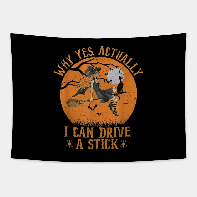 Why Yes Actually I Can Drive a Stick witch Cat Halloween Tapestry by Formoon