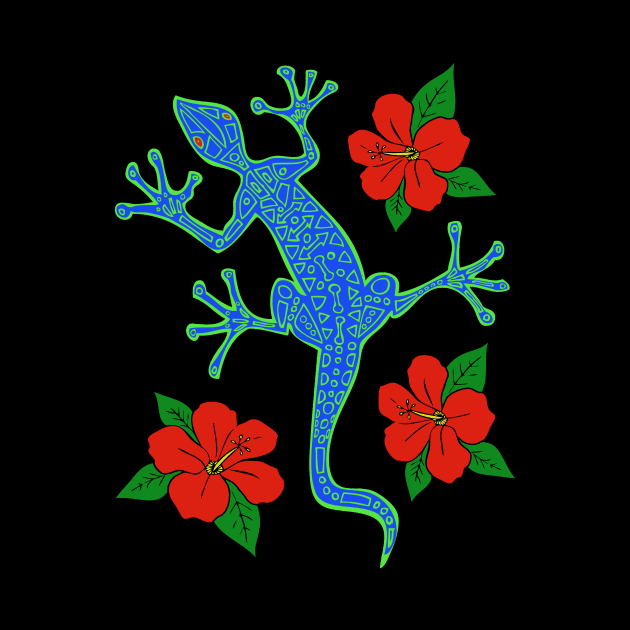 Tribal Lizard & Hibiscus Flowers by RockettGraph1cs