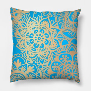 Light Blue and Gold Mandala Pattern Pillow