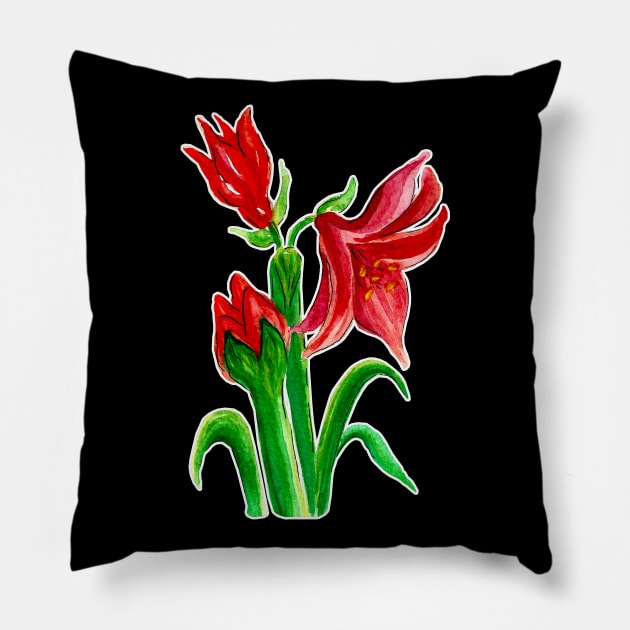 Christmas Amaryllis Flower Watercolor Pillow by IvyLilyArt