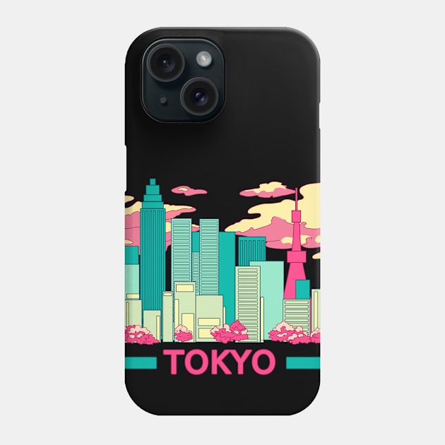 The colorful Tokyo skyscrapers and the cherry blossom on the black background Phone Case by AnGo