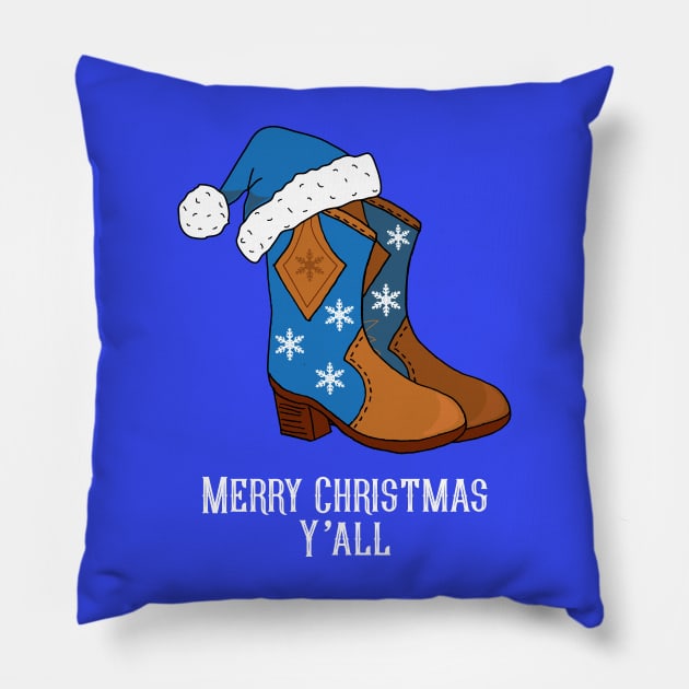 Merry Christmas Y'all Blue Country Cowboy Boots Pillow by HotHibiscus