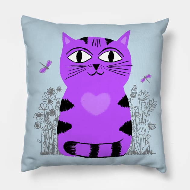 Bright Eyed Purple Kitty With Big Heart In The Garden Pillow by LittleBunnySunshine