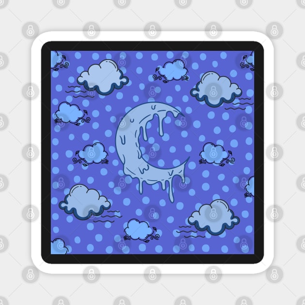 melting crescent moon cloud night blue polka dots Magnet by maplunk