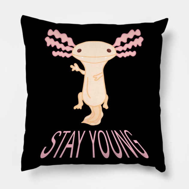 Axolotl Stay Young Pillow by moonlitdoodl