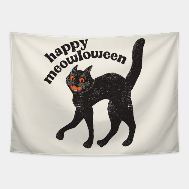 Happy Meowloween Vintage Black Cat Halloween Design Tapestry by darklordpug