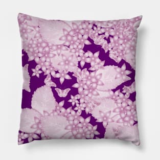 Pink blossoms and butterflies on purple Pillow