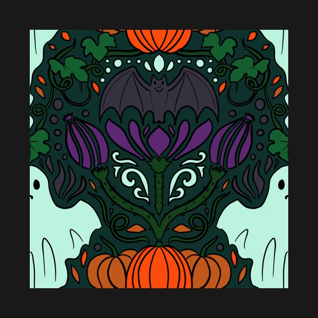 Spooky Ghost and Bat and Pumpkin Halloween Damask Repeat Print Deep Green by JamieWetzel