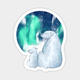 Northern Lights Aurora Borealis Cute Polar Bear Mama and  Cub Magnet