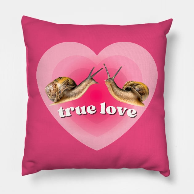 Pink Heart Two Snails in True Love. Funny Weird Gift for Snail Lovers Pillow by Flourescent Flamingo