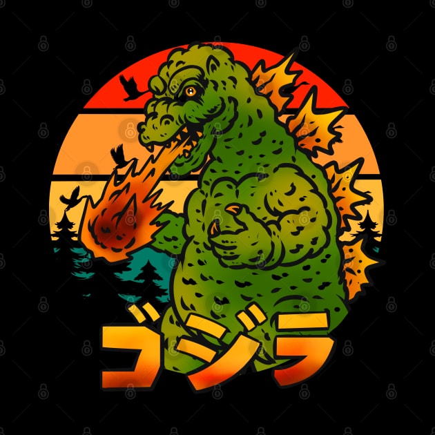 Godzilla retro sunset by Strawberryjamstudio