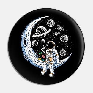 Astronaut Sitting on a Crescent Moon with Coffee & Donuts Pin