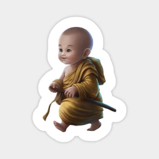 Baby with a Pixelated area Over the Face, Dressed in Traditional Monk Attire with a staff in Hand Magnet
