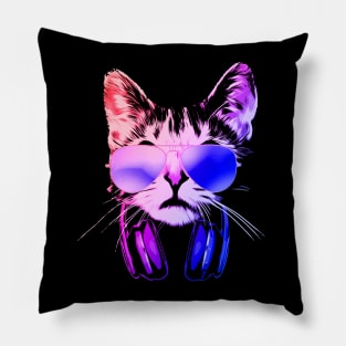 Neon Cat DJ With Headphones Pillow