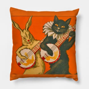 A cat playing the banjo and the musical rabbit accompanying it, a pair of cheerful and musical animals. Vintage drawing Pillow