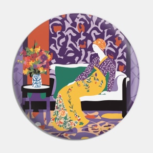 Woman on Couch with Colorful Abstract Flowers Still Life Painting Pin