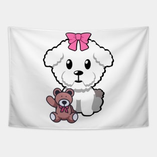 Funny Furry dog is holding a teddy bear Tapestry