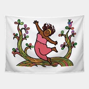 Happy cheerful black African woman with nature environment. Healthy freedom lifestyle. Tapestry