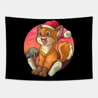 cute fox with christmas hat smiling with tongue out cartoon illustration Tapestry