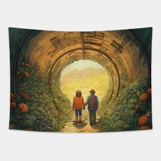 Tunnel of Love, Ukraine cartoon illustration. Back view of happy couple holding hands Tapestry