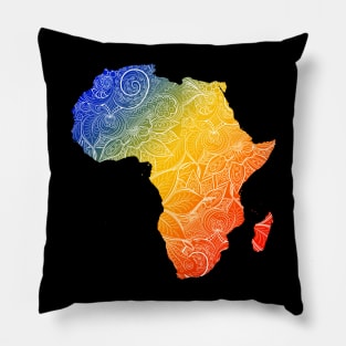 Colorful mandala art map of Africa with text in blue, yellow, and red Pillow