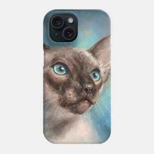 Close Up Painting of a Gorgeous Siamese Cat with Blue Eyes and Blue Background Phone Case