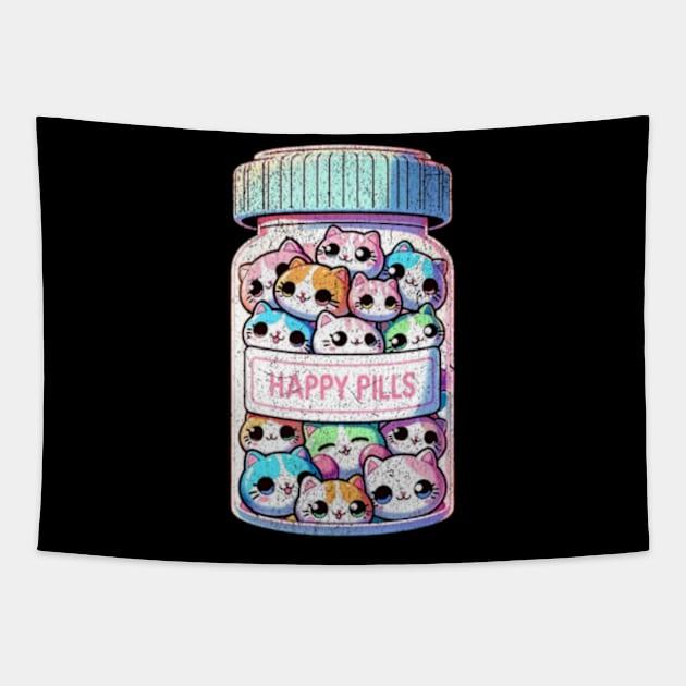 Cute Cat Happy Pills Bottle Kittens Kawaii Anime Tapestry by Lavender Celeste