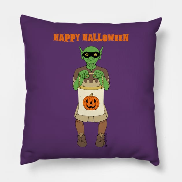 Trick-or-Treating Goblin Happy Halloween Pillow by AzureLionProductions