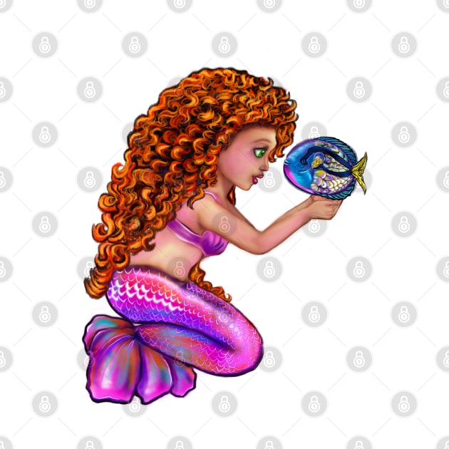 Mermaid Red head anime mermaid with blue tang fish, beautiful girl with Amber hair, green eyes and Cherry pink lips by Artonmytee