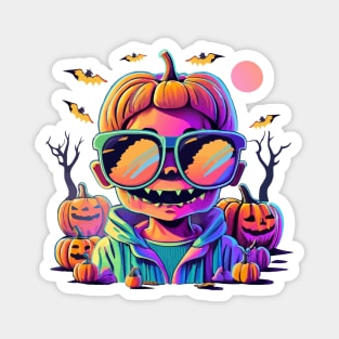 Zombie Boy in Sunglasses Locks Eyes with Furious Spooky Halloween Pumpkins in the Background Magnet