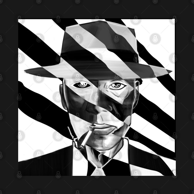 oppenheimer portrait in ecopop cartoon art black and white by jorge_lebeau