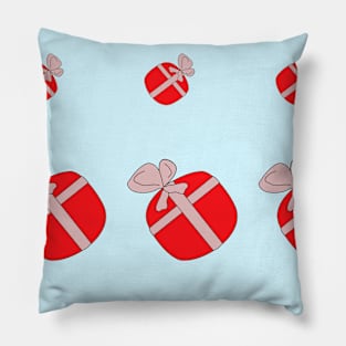 Red gifts on a blue background. Festive surprises, good mood. Boxes for the holiday. Pillow