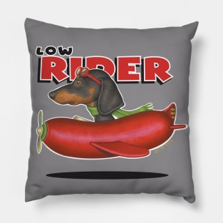 Fun Black and tan Dachshund flying a hot dog plane. Pillow