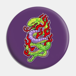 Green and purple snake, with red flames tattoo style Pin