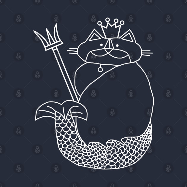 Kevin the Cat Mermaid King White Line Drawing by ellenhenryart