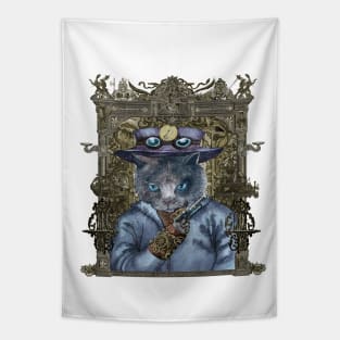 Cat in Blue Leather Jacket with Magical Bracelet in Steampunk Frame Tapestry