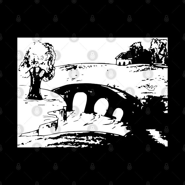 The bridge. Colorful Landscape Sketch Art Print Nature Trees And Water Hand Drawing, Black and white Colors Version 2/2 by Modern Art