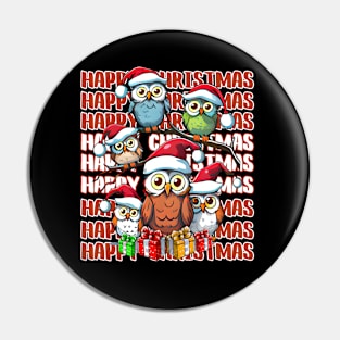 Happy Christmas Owl Family in Santa Hats Pin