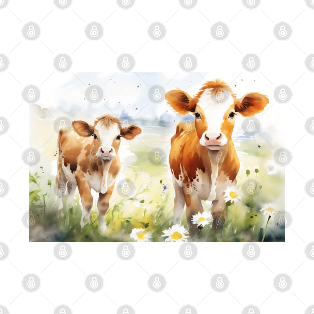 Calves in a Field of Daisies by David Kincaid Art