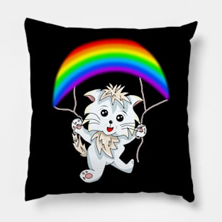 Cartoon Cat with a Rainbow Parachute Pillow